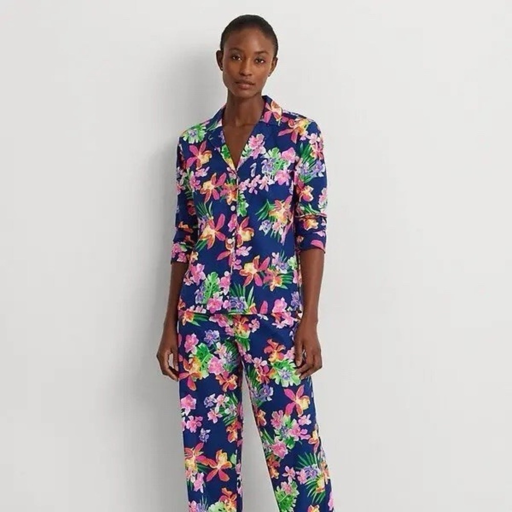 Lauren Ralph Lauren Floral Pajama Set Navy Cotton Blend XL LRL Resortwear